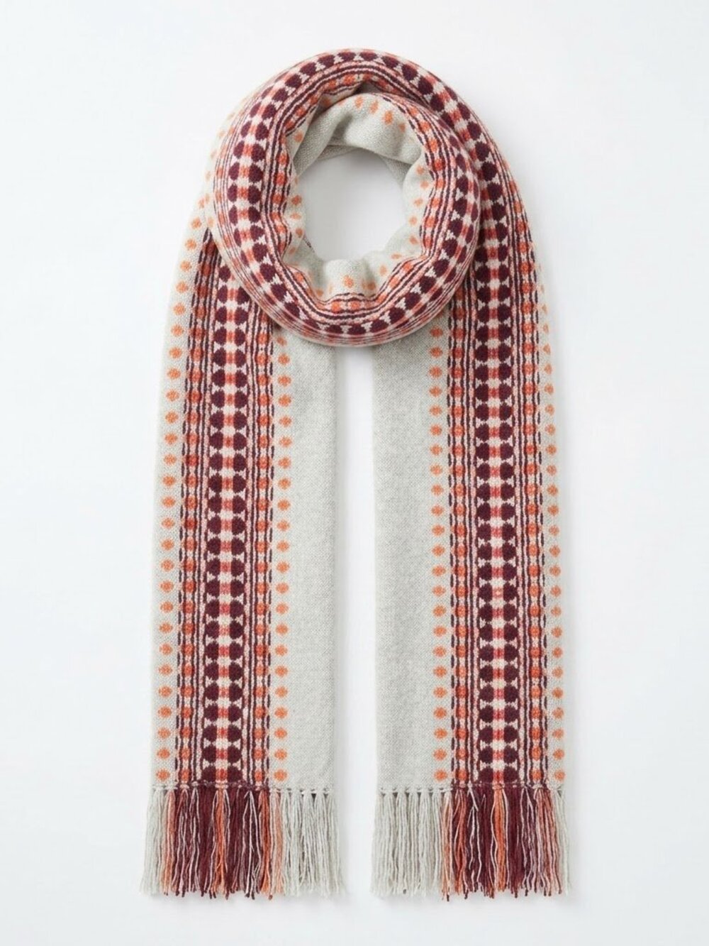 American Eagle Fair Isle Knit Scarf Fringe Gray Cream Burgundy Boho Cabincore